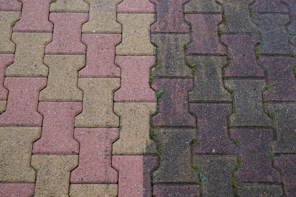block paving driveway before and after cleaning photo